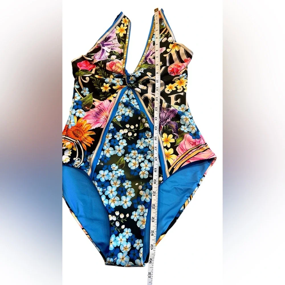 Agua Bendita NWT Billy Dreamin One-Piece Swimsuit Blue Floral‎ Beaded Sz Large